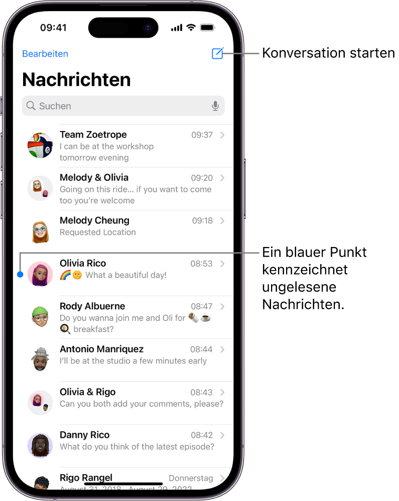Die Konversationsliste in der App „Nachrichten“ mit der Taste „Erstellen“ oben rechts. Ein blauer Punkt links neben einer Nachricht besagt, dass die betreffende Nachricht noch nicht gelesen wurde.