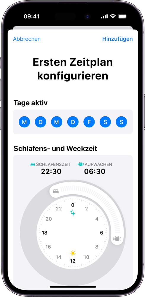 Der Bildschirm „Ersten Zeitplan konfigurieren“ in der App „Health“ mit dem Bereich „Tage aktiv“ und Uhren für „Schlafenszeit“ und „Aufwachen“.