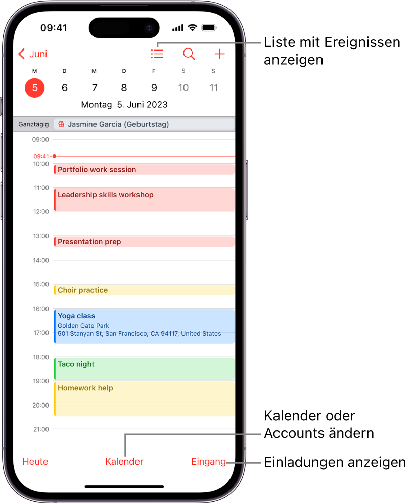 Ein Kalender in der Tagesansicht mit den Ereignissen des Tags. Die Taste „Kalender“ befindet sich in der unteren Bildschirmmitte und die Taste „Eingang“ unten rechts auf dem Bildschirm.