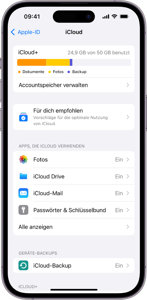 Bildschirm mit den iCloud-Einstellungen mit der Nutzungsanzeige für den iCloud-Speicher und einer Liste von Apps und Diensten wie „Fotos“, iCloud Drive und iCloud Mail, die mit iCloud verwendet werden können.