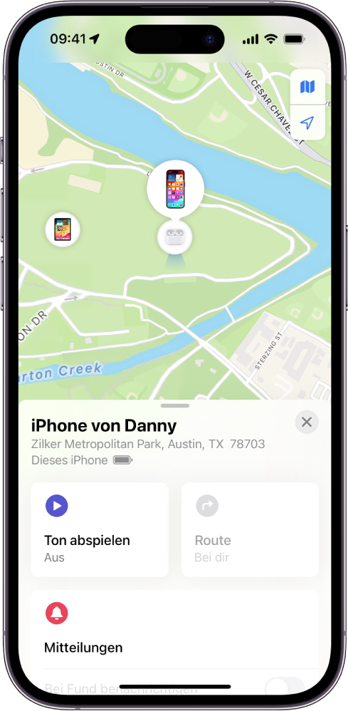 Der Bildschirm „Wo ist?“ mit der Position eines iPhone auf einer Karte im oberen Bereich.