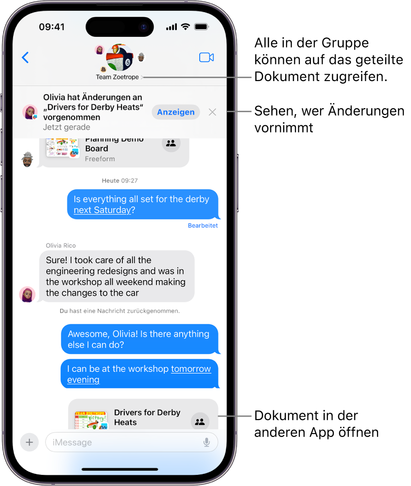 Eine Gruppenkonversation in der App „Nachrichten“ mit einer Einladung zum Zusammenarbeiten und Aktualisierungen im oberen Fensterbereich.