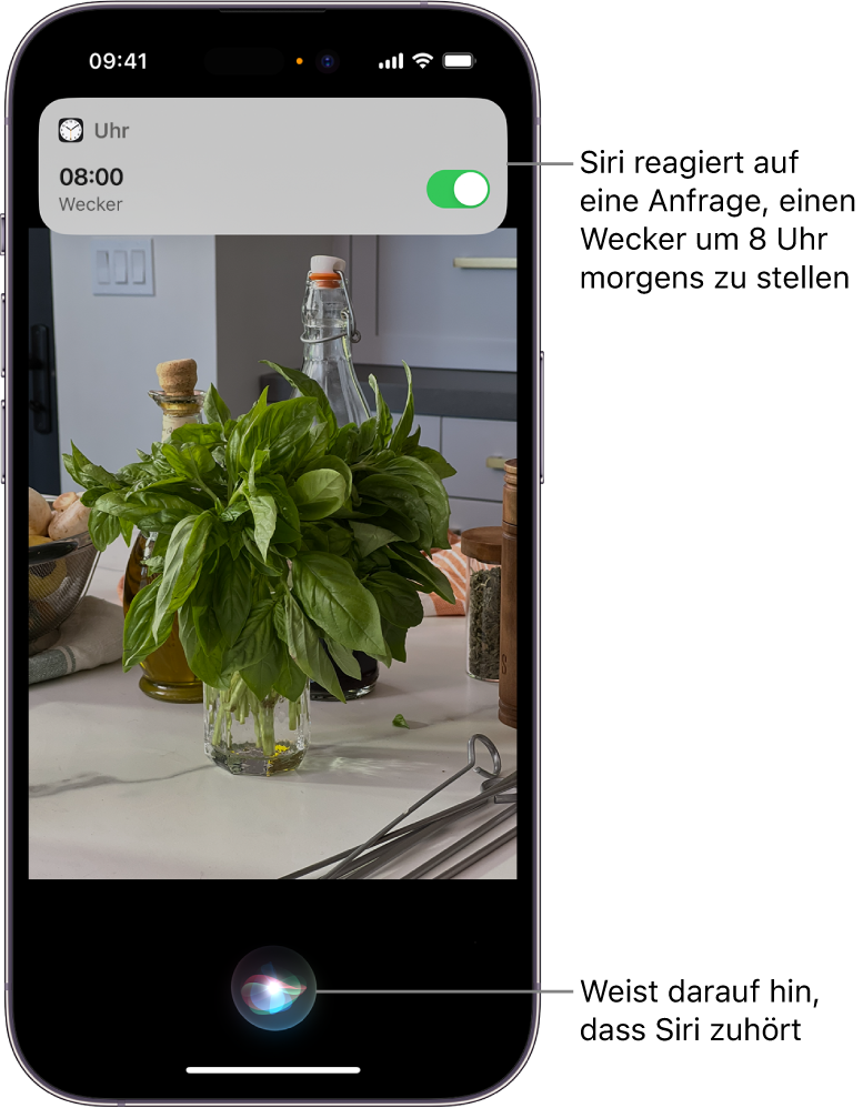 Ein iPhone-Bildschirm. Oben im Bildschirm zeigt eine Mitteilung der App „Uhr“ zur Bestätigung, dass der Wecker auf 8:00 Uhr eingestellt wurde. Ein Symbol gibt an, dass Siri zuhört.