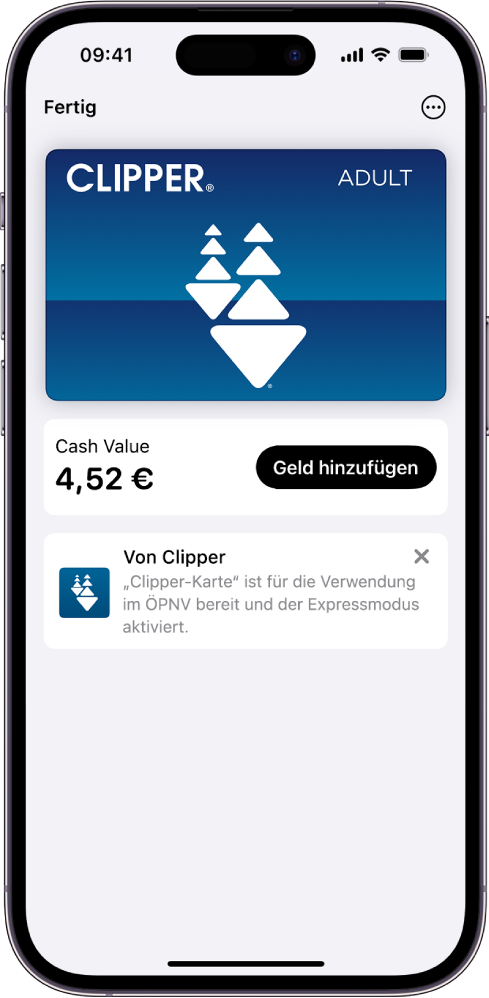 Eine ÖPNV-Karte in der App „Wallet“. Unter der Karte befindet sich der Saldo neben der Taste „Geld hinzufügen“.