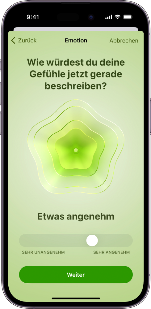 Ein Bildschirm mit der Stimmungsangabe „Ganz gut“ in der App „Health“. Unten auf dem Bildschirm befindet sich ein Regler zum Anpassen der Stimmungsintensität.