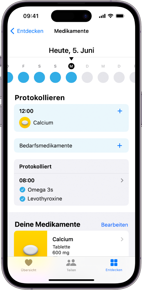 Der Bildschirm „Medikamente“ in der App „Health“ mit dem Datum und einem Protokoll für die Medikamenteneinnahme.