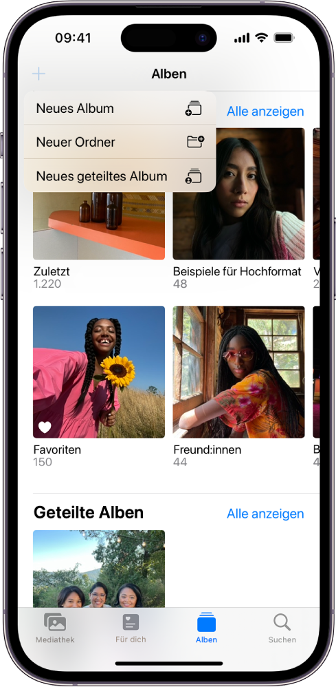 Der Bildschirm „Alben“. Oben links wird die Taste „Neues Album“ mit den Optionen zum Hinzufügen eines neuen Albums, eines neuen Ordners oder eines neuen geteilten Albums angezeigt.