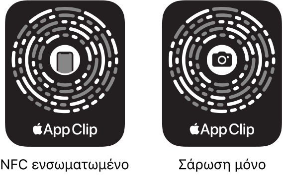 Στα αριστερά, ένας κωδικός κλιπ εφαρμογής με ενσωμάτωση NFC, και ένα εικονίδιο iPhone στο κέντρο. Στα δεξιά, ένας κωδικός κλιπ εφαρμογής μόνο για σάρωση, με ένα εικονίδιο κάμερας στο κέντρο.