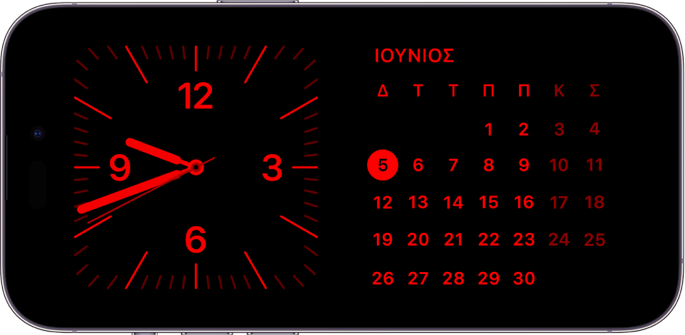 Το iPhone βρίσκεται στη λειτουργία Αναμονής σε χαμηλό φωτισμό περιβάλλοντος και εμφανίζει widget Ρολογιού και Ημερολογίου σε κόκκινη απόχρωση.