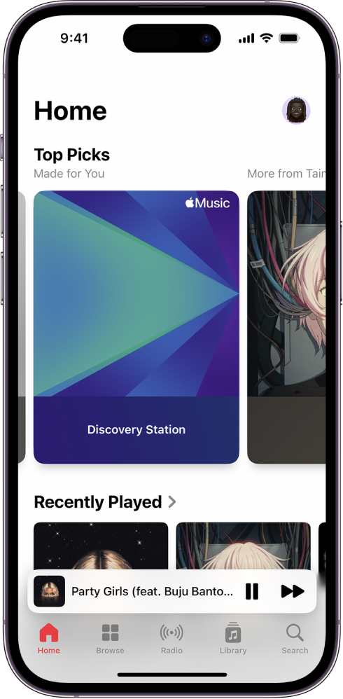 The Home screen showing Top Picks at the top. You can swipe left or right to view more music chosen just for you. Recently Played appears below.