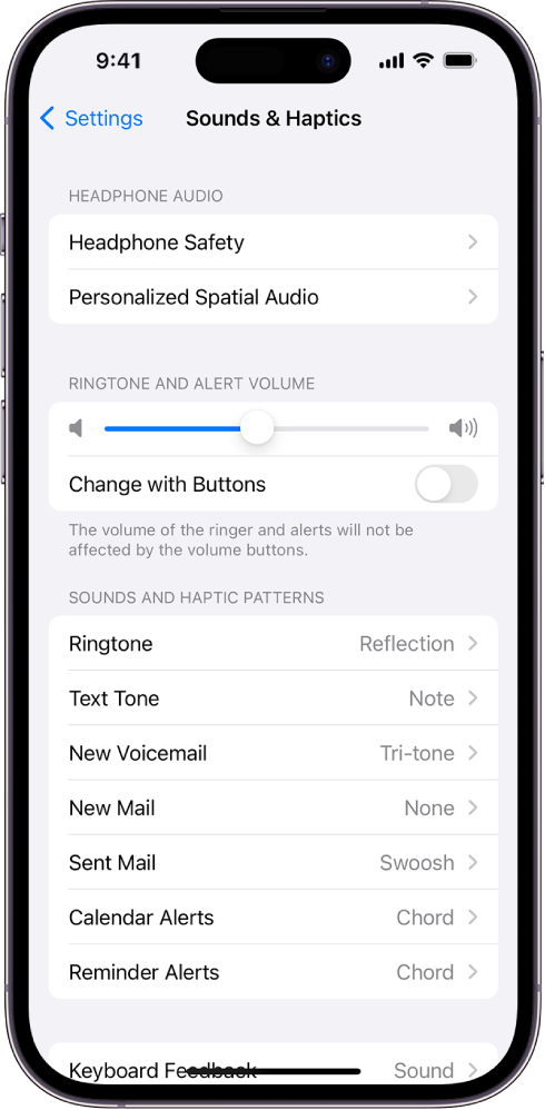 The Sounds and Haptics screen in Settings. The onscreen options from top to bottom are Headphone Audio and Headphone Safety, Ringtone and Alert Volume with a slider to adjust the volume and the option to change the volume with buttons, and Sounds and Haptic Patterns including Ringtone and Text Tone.