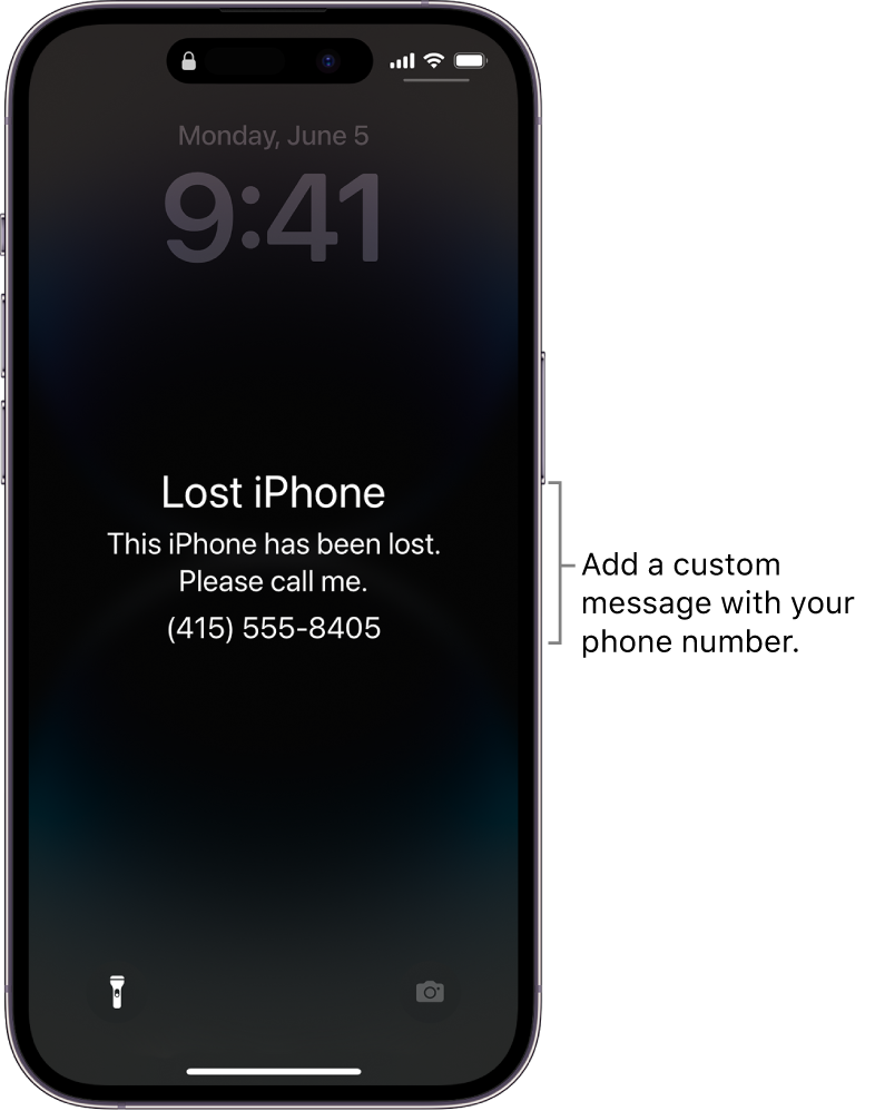 An iPhone Lock Screen with a lost iPhone message. You can add a custom message with your phone number.