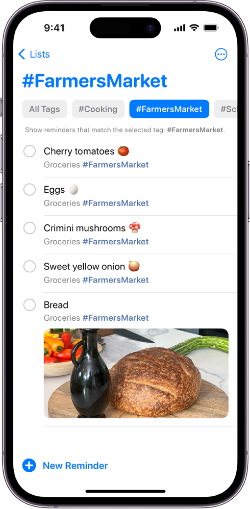 A list of items with the FarmersMarket tag. Buttons along the top show additional tags that you can apply.