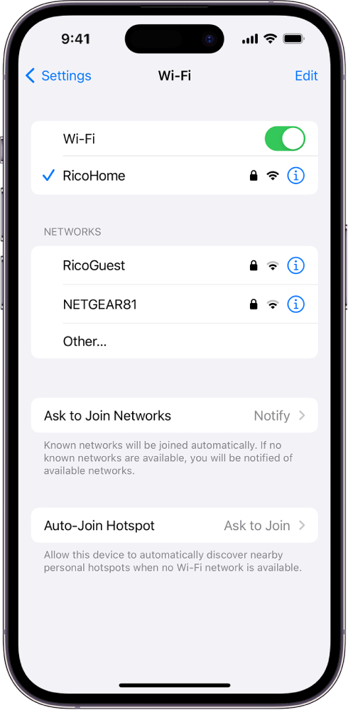 The Wi-Fi options screen in Settings. Wi-Fi is turned on, and a network is selected.
