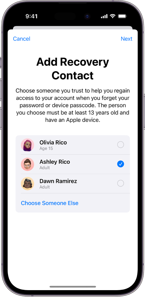 The Add Recovery Contact screen showing suggested contacts to select as a recovery contact, and the option to choose someone else.