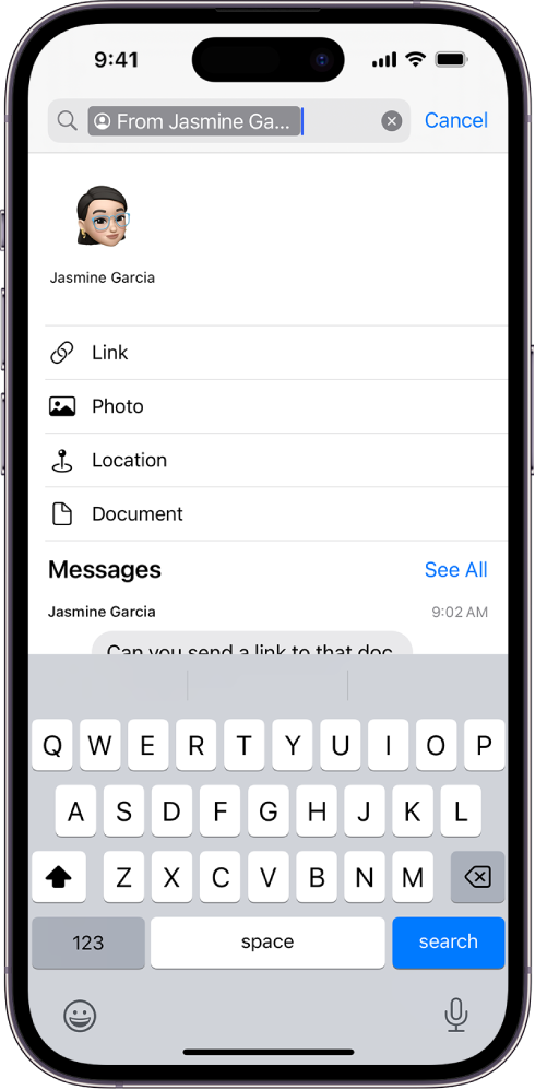 The search field in the Messages app. The search field contains a tag limiting the search to messages from one person. Other tags to add to the search field—Link, Photo, Location, and Document—appear as options.
