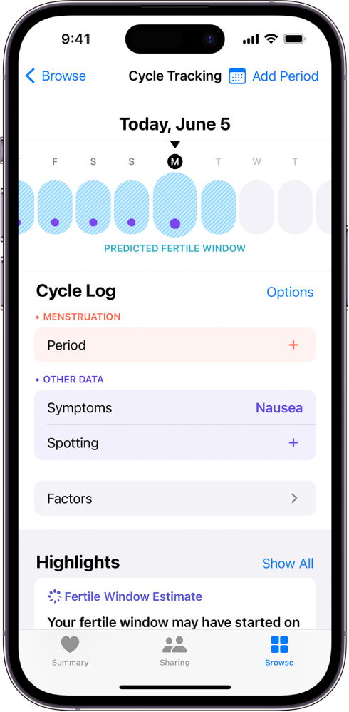 The Cycle Tracking screen with a timeline near the top showing an estimated fertile window. Below the timeline are options to add information about periods, symptoms, and more.