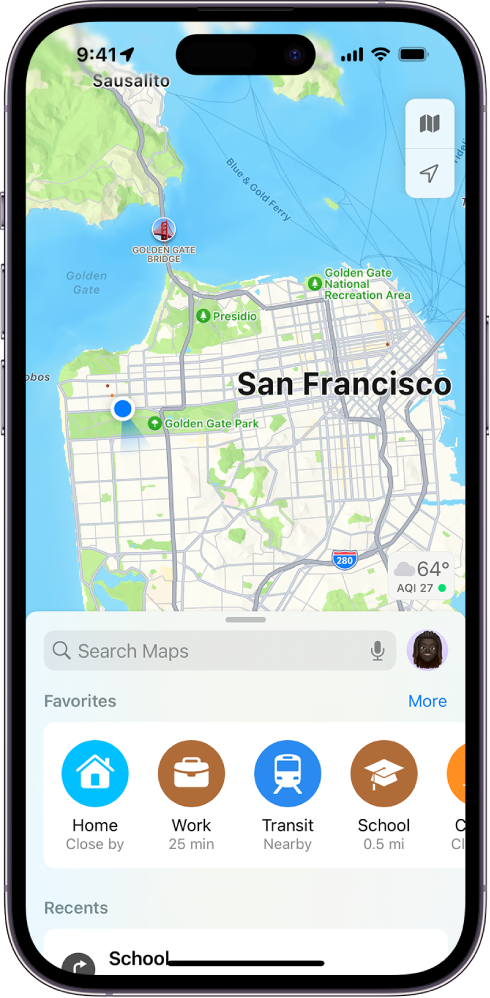 The Maps screen showing the search field in the lower half of the screen. Below the search field are the following locations saved as Favorites: Home, Work, Transit, and School.