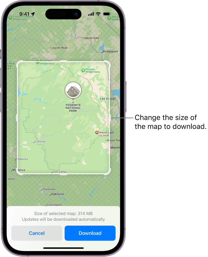 A map of a national park. The park is framed by a rectangle with handles, which can be moved to change the size of the map to download. The selected map’s download size is indicated near the bottom of the map. The Cancel and Download buttons are at the bottom of the screen.