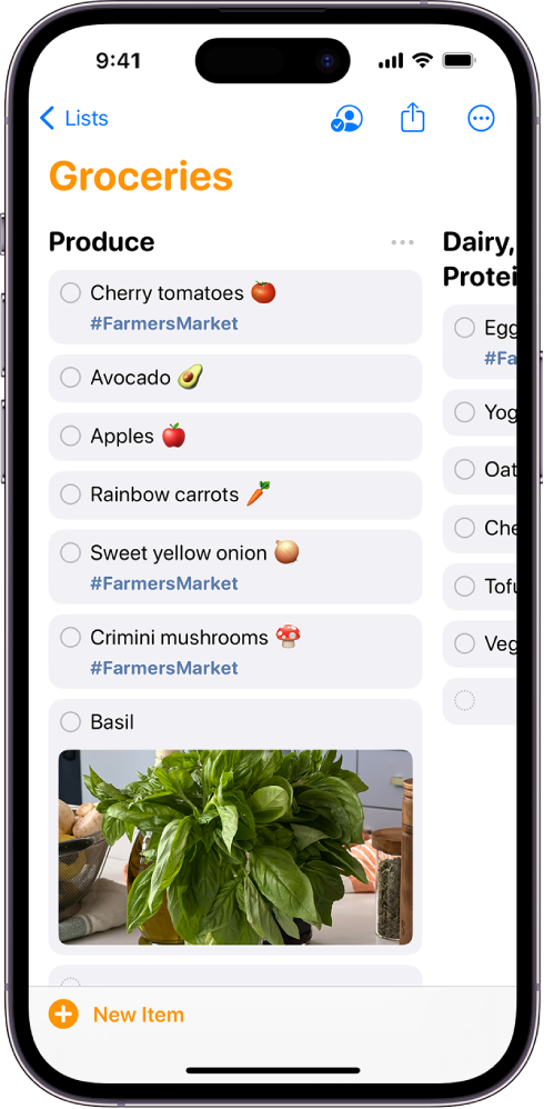 A grocery list in Reminders, with the categories organized in columns. The New Item button is at the bottom left.