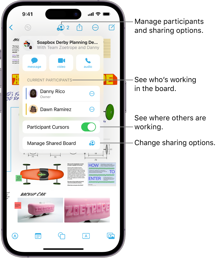 A shared Freeform board on iPhone with the collaboration menu open.