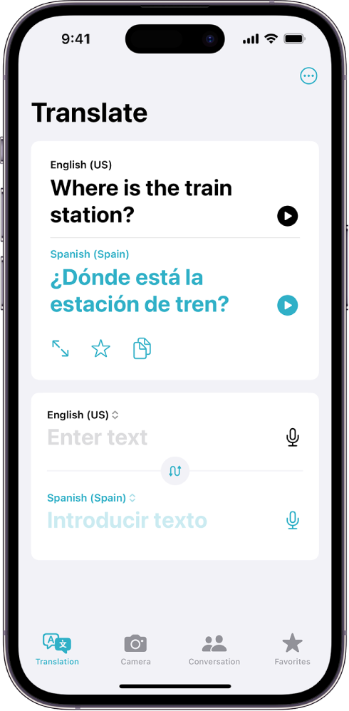 The Translation tab, showing a translated phrase from English to Spanish. Below the translated phrase is the enter text field.