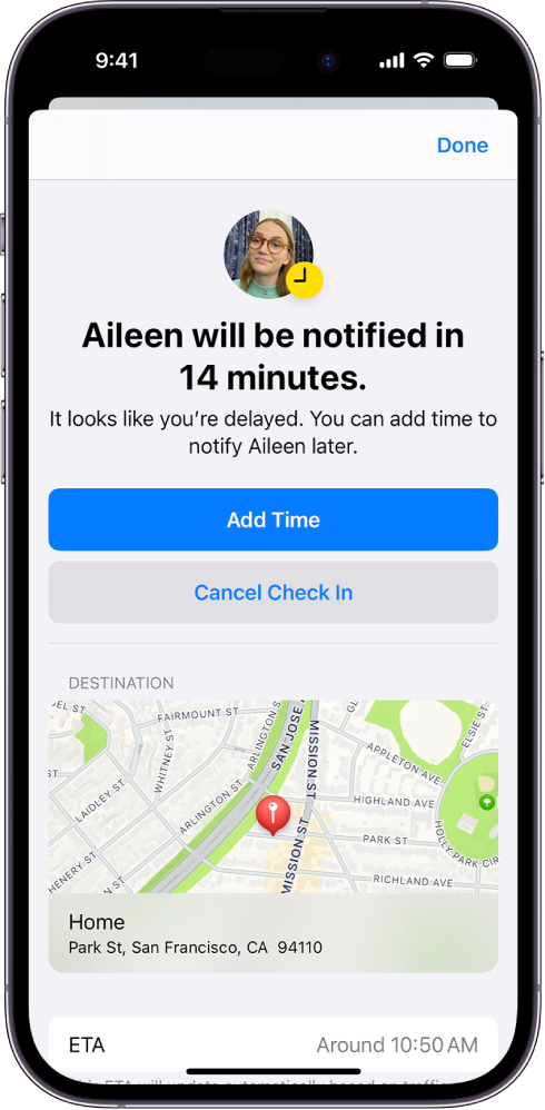 A Check In screen showing a friend will be notified in 14 minutes, below it are options to extend the time or cancel the Check In. At the bottom is a map showing the current location.