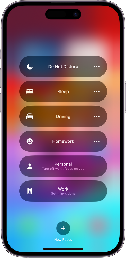 Control Center showing the Focus options, with buttons for setting the duration of the Focus options.