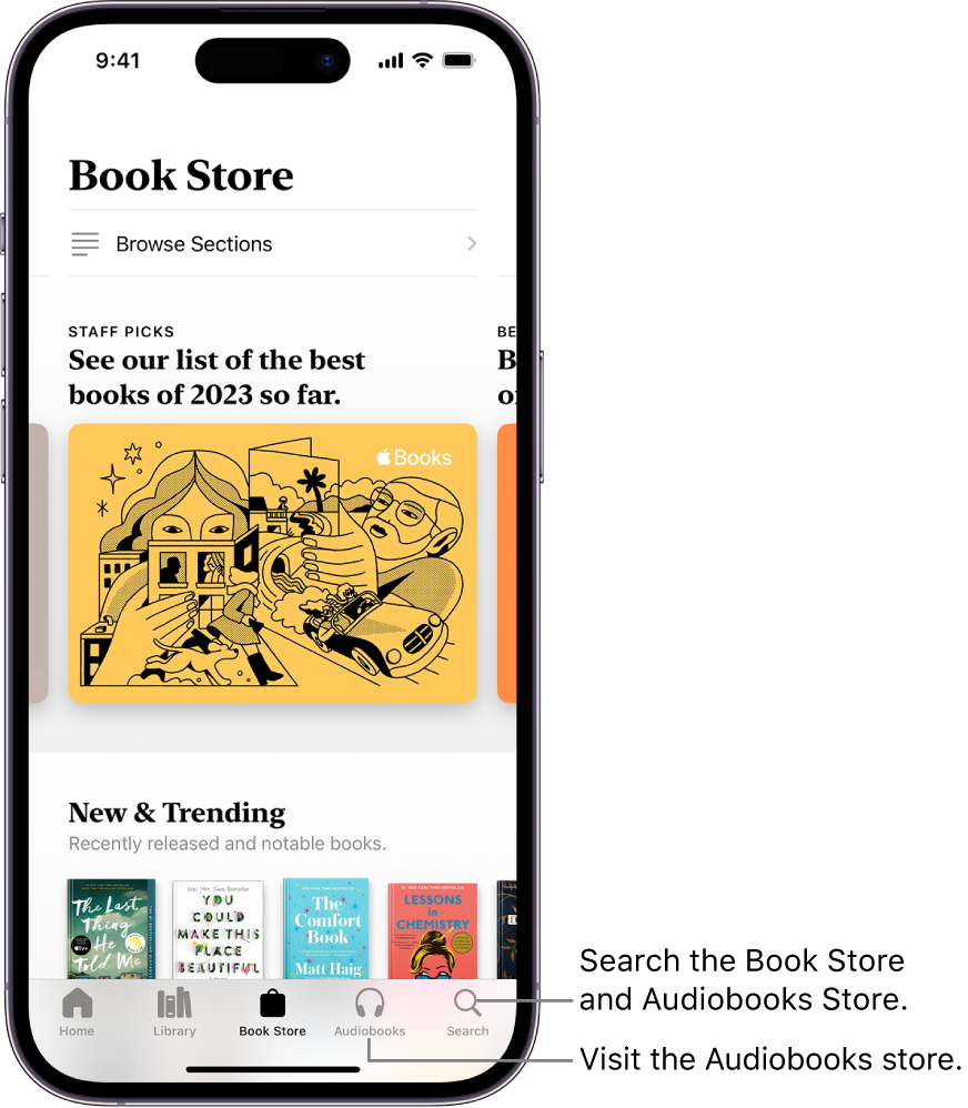 The Book Store screen in the Books app. At the bottom of the screen are, from left to right, the Home, Library, Book Store, Audiobooks, and Search tabs. The Book Store tab is selected.