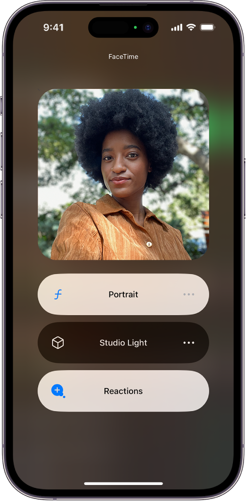 The Video Effects settings in Control Center during a FaceTime call. Portrait mode is turned on and the caller’s image appears in an enlarged tile with the Portrait effect of a blurred background and prominent subject.