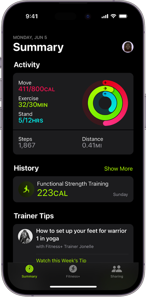 The Summary screen in Fitness, showing the Activity, History, and Trainer Tips areas.
