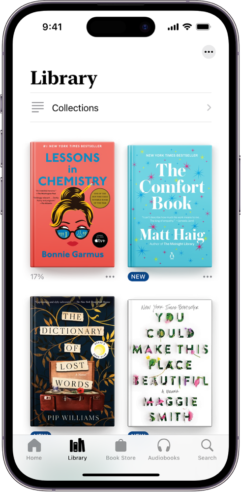 The Library screen in the Books app. At the top of the screen is the Collections button. In the middle of the screen are book covers. At the bottom of the screen are, from left to right, the Home, Library, Book Store, Audiobooks, and Search tabs. The Library tab is selected.
