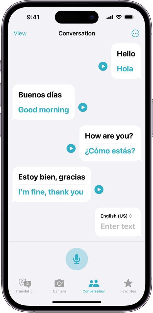 The Conversation tab, showing chat bubbles and their translations.