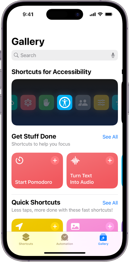 The Gallery screen in the Shortcuts app with a search field at the top. Below are three galleries: Shortcuts for Accessibility, Get Stuff Done, and Quick Shortcuts. At the bottom of the screen are the Shortcuts, Automation, and Gallery buttons. Gallery is selected.