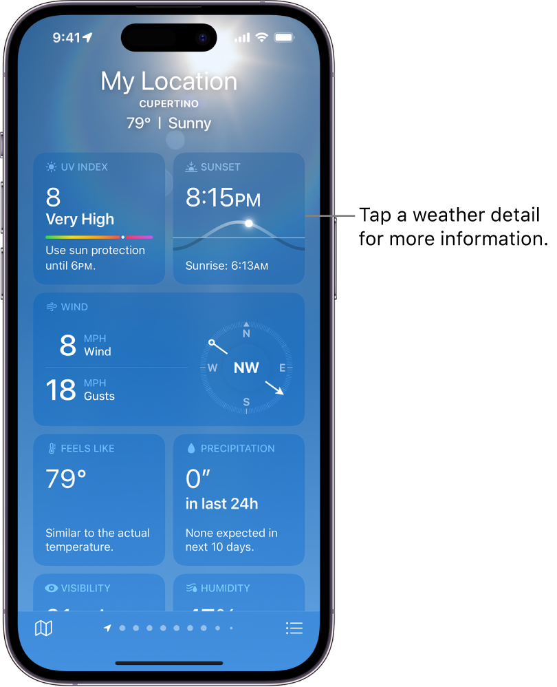 The Weather screen showing the location at the top, and the current temperature and weather condition. The rest of the screen contains weather details for the following elements: air quality, precipitation, UV index, and sunset.