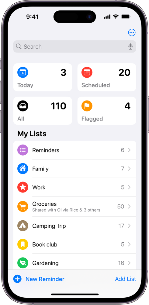 A screen showing several lists in Reminders. The search field appears at the top above Smart Lists for items due today, scheduled reminders, all reminders, and flagged reminders. The Add List button is at the bottom right.