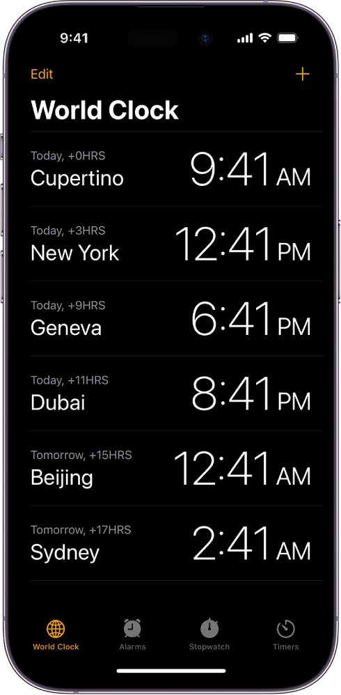 The World Clock tab, showing the time in various cities. The Edit button near the upper-left corner lets you reorder or delete clocks. The Add button near the upper-right corner lets you add more clocks. World Clock, Alarm, Stopwatch, and Timers buttons are along the bottom.