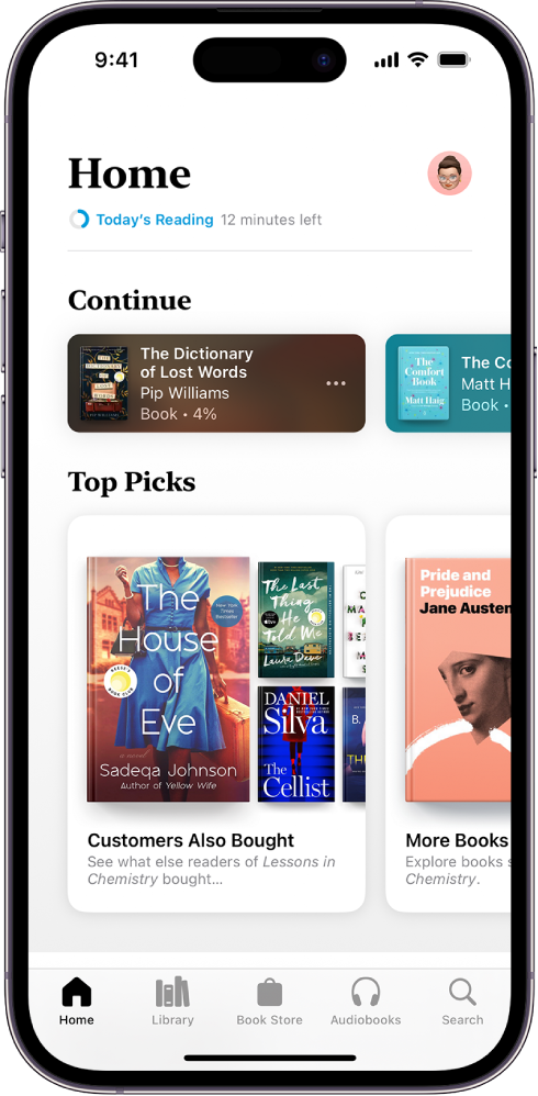 The Home screen in the Books app. At the bottom of the screen are, from left to right, the Home, Library, Book Store, Audiobooks, and Search tabs. The Home tab is selected.