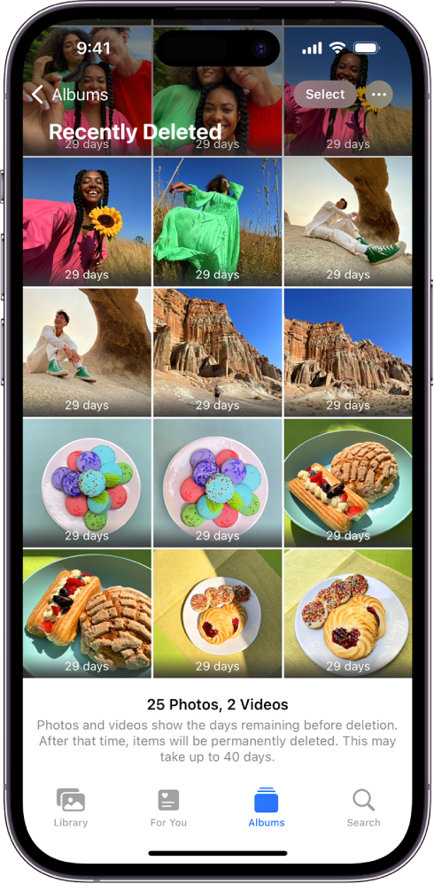 The Recently Deleted folder in the Photos app. Recently deleted photos appear in a grid on the screen.