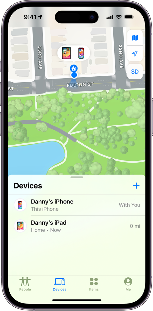 The Find My screen showing two devices at home.