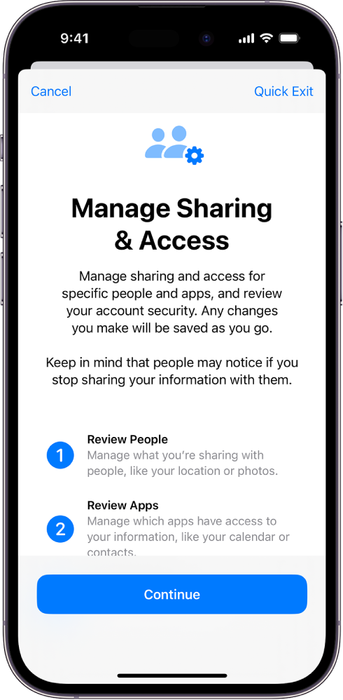 The Manage Sharing & Access screen in Safety Check found in Settings.