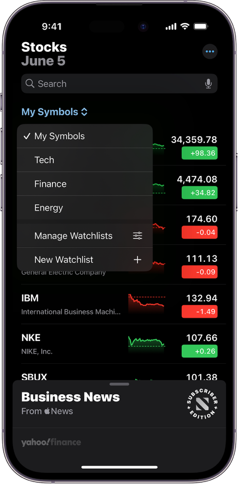 A watchlist in the Stocks app showing a list of different stocks. Each stock in the list displays, from left to right, the stock symbol and name, a performance chart, the stock price, and price change. At the top of the screen, the My Symbols watchlist is selected and the following watchlists and options are available: Tech, Finance, Energy, Manage Watchlists, and New Watchlist.