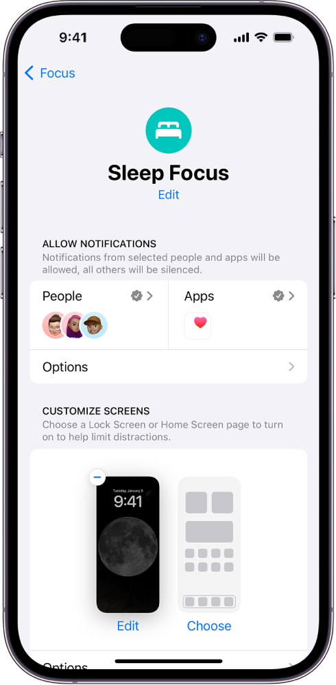 The Sleep Focus screen showing three people and one app are allowed to send notifications.