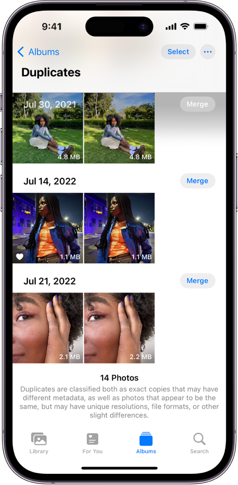 The Duplicates screen, showing duplicate photos next to each other. On the right side of the screen are Merge buttons to merge each pair of duplicate photos.