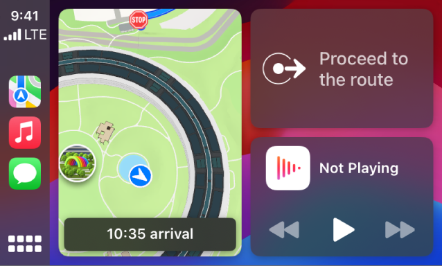 A CarPlay Dashboard showing Maps, Music, and Messages in the Sidebar. On the right is a map of Apple Park, a navigation window, and a now playing window.