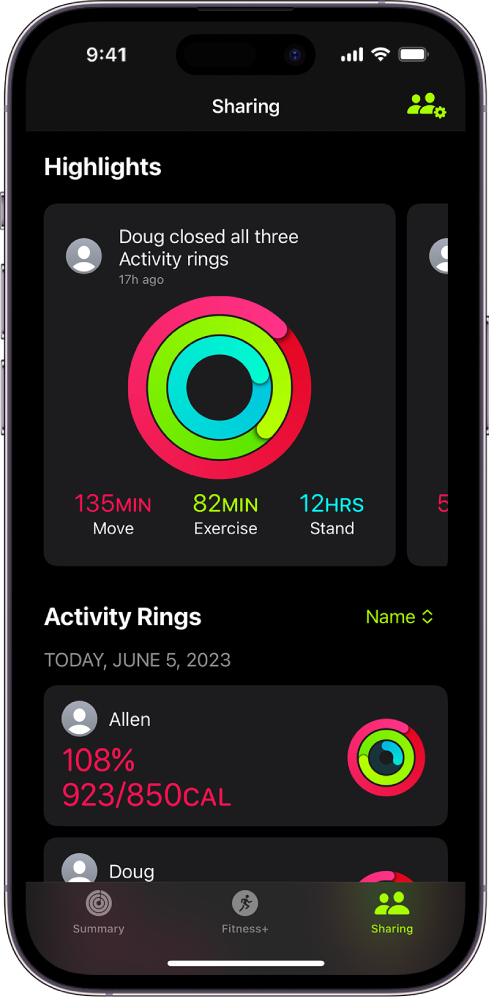 The Fitness Sharing screen, with activity rings and activity highlights shared between a person and their friends.