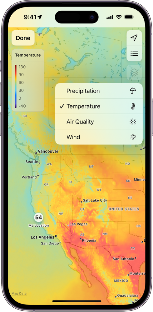 A temperature map of the surrounding area fills the screen. In the top-right corner, from top to bottom, are the Current Location, Favorite Locations, and Overlay Menu buttons. The Overlay Menu button is selected and displays the Precipitation, Temperature, Air Quality, and Wind buttons. The Temperature button is selected. In the top-left corner is the Done button and the Temperature Map Overlay Scale.