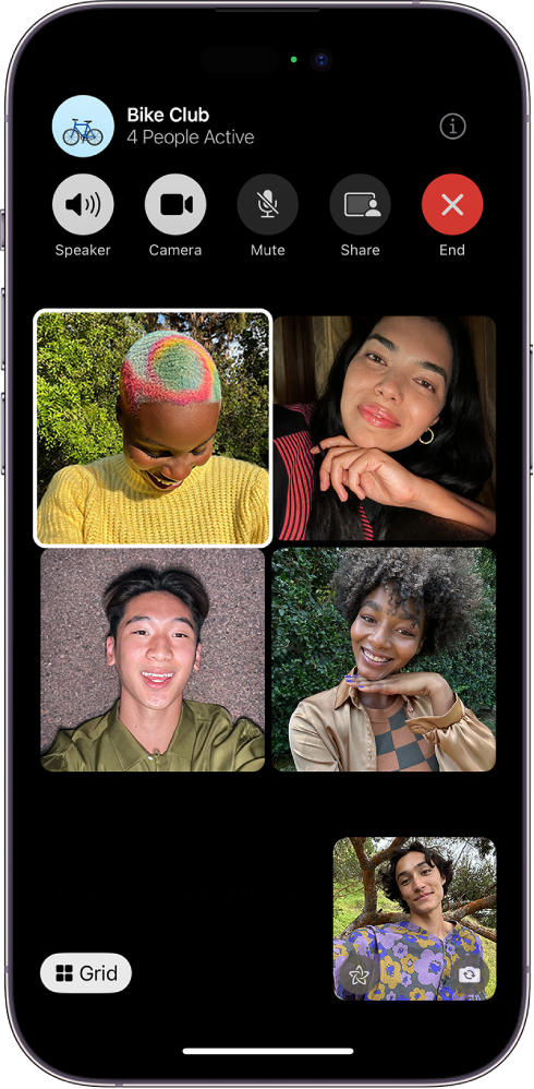 A Group FaceTime call with five participants; each participant appears in a separate tile.