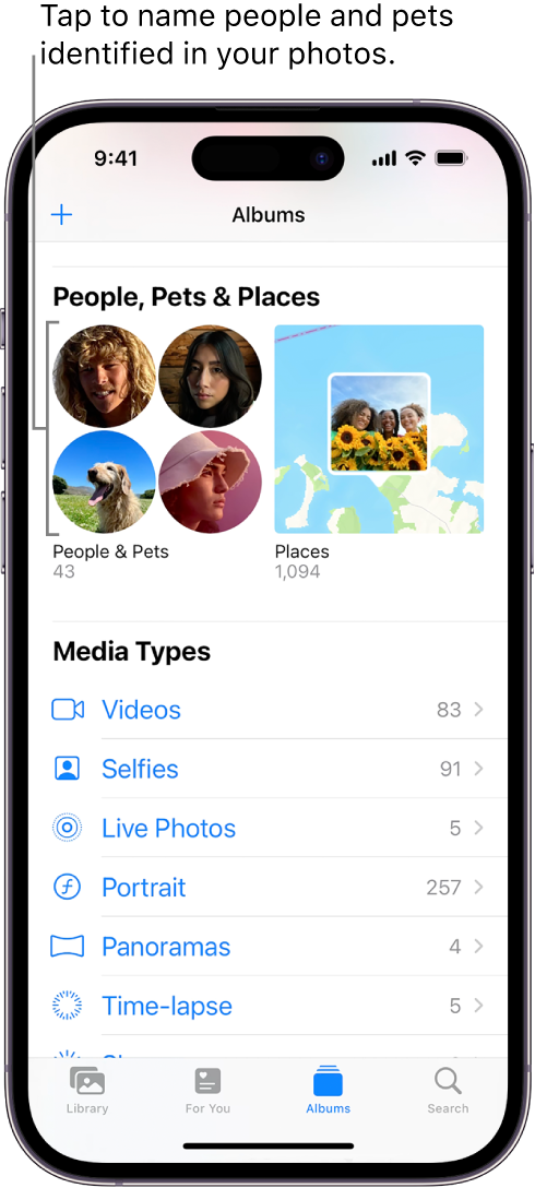 The Albums screen in the Photos app. People & Pets is at the top of the screen.