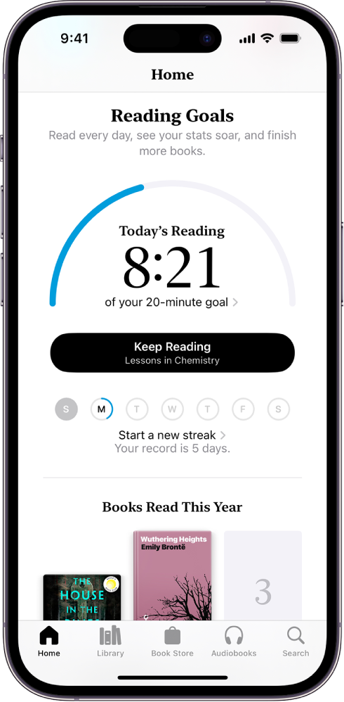 The Reading Goals screen showing stats for the user—such as today’s reading, their reading record for the week, and their books read this year. Across the bottom are the tabs Home (which is selected), Library, Book Store, Audiobooks, and Search.